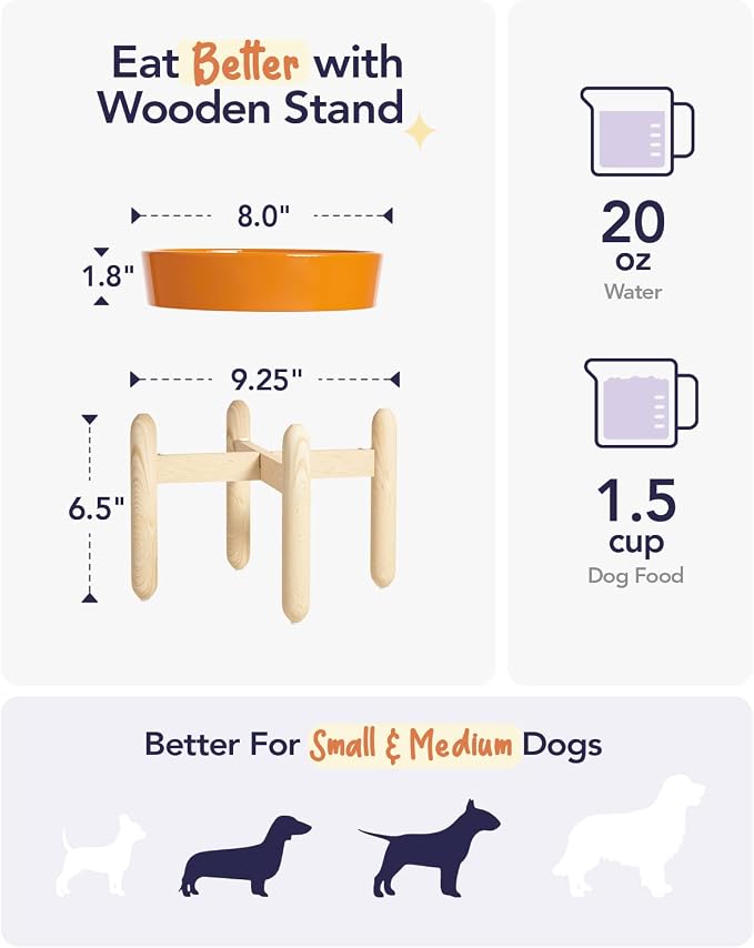 LE TAUCI Ceramic Slow Feeder Puzzle Bowl Elevated 1.5 Cup with Wooden Stand for Small & Medium Dog, Fast Eater Food Bowl Sun Orange - Image 4