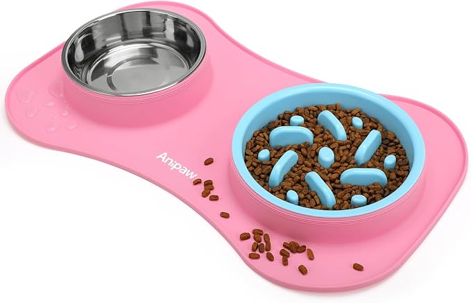 Slow Feeder Dog Bowls 3 in 1 Stainless Steel Food Water Bowl to Slow Eating | Durable, Non-spill & Non-skid with Silicone Mat Design, Slow Down Eating, Suitable for Small Medium Large Dogs and Cats by Anipaw
