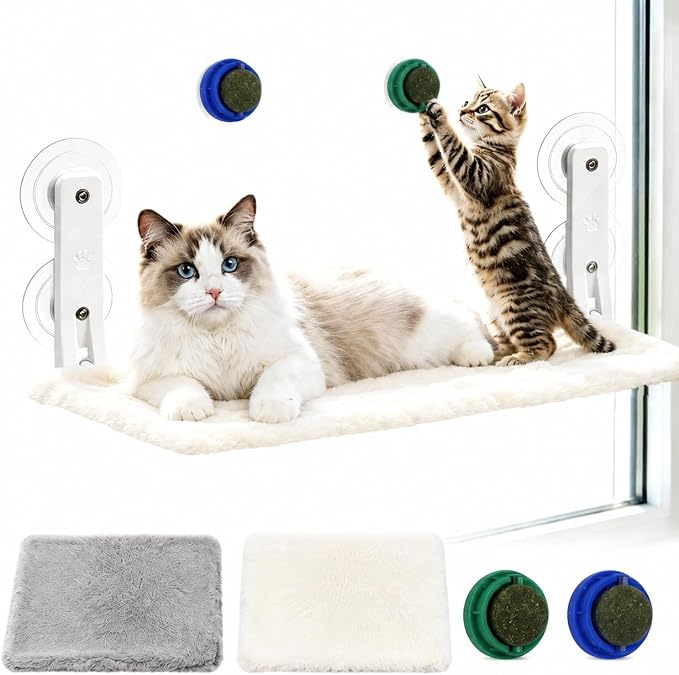 Cat Window Perch Hammock with 2 Washable Plush Covers, Cozy Window Bed for Cats with Catnip Toys, Window Mounted Cat Bed for Indoor Cats to Sunbathe and Relax by Unknown