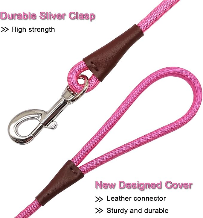 MayPaw 4/6 /8/10 FT Dog Leash, Classic Solid Colors, Strong Nylon Rope Dog Leash Reinforced with Leather Tailor Connection Heavy Duty Silver Clasp (Pink, 4ft*1/2") - Image 3