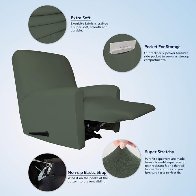 PureFit Stretc Recliner Chair Covers Fleece Soft Couch Covers for Sofa | Grayish Green 4-Pieces Recliner Slipcover Pocket Couch Protector, Fleece Sofa Cover Washable with Non Slip Elastic Bottom - Image 3