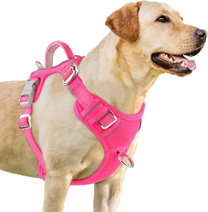 BARKBAY No Pull Dog Harness 3 Buckles Large Reflective Dog Harness with Front Clip and Easy Control Handle for Walking Training Running with ID tag Pocket(Pink,L) by BARKBAY