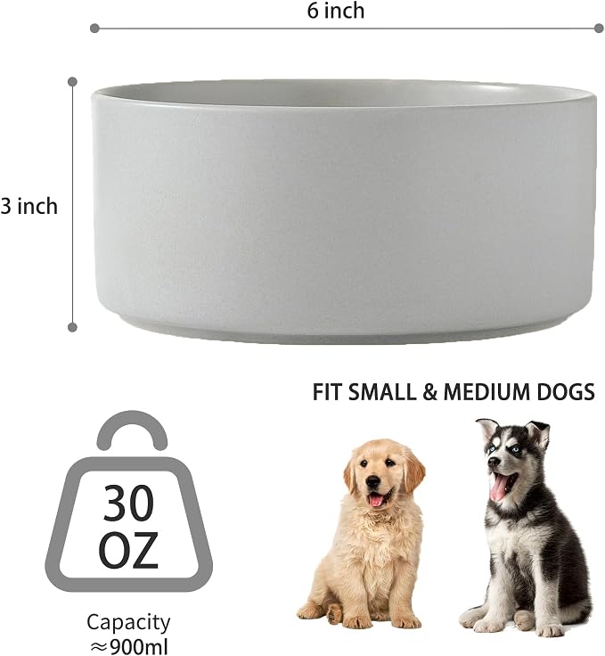 Ceramic Set of 2 Dog Bowls - Classic Dogs Food & Water Bowl for Small and Medium Breed, Heavy-Duty Non-Slip Dog Dishes, Food Grade Pet Bowl, Dishwasher & Microwave Safe (6'', 2 * 30OZ, Grey) - Image 3