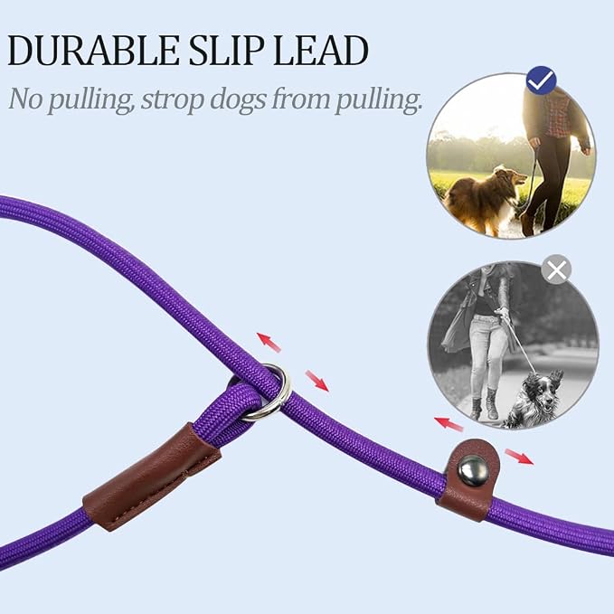 MayPaw Slip Lead Control Leash for Dogs No Pull, 13+ Colors Classic Dog Lead 7FT Pet Slip Leash, 1/4” Rope Leashes for Small Medium Animals Purple - Image 3