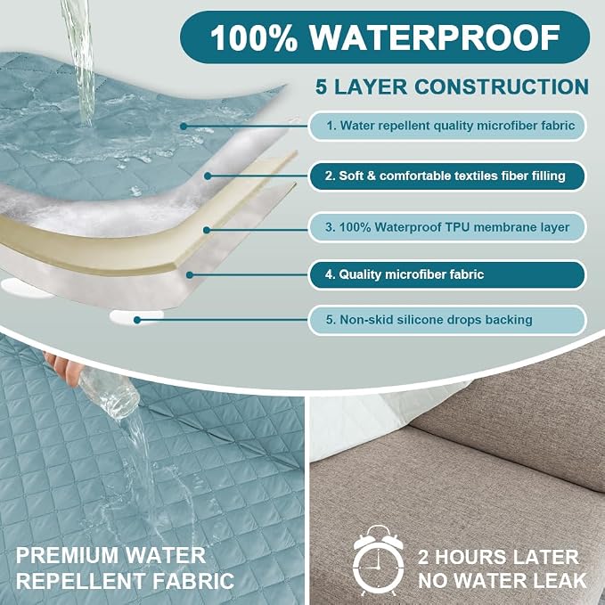 Turquoize 100% Waterproof Futon Cover Futon Slipcover Washable Armless Sofa Bed Slipcover Protector Seat Width Up to 70" with Adjustable Elastic Strap Anti-Slip for Dogs, Stone Blue - Image 3