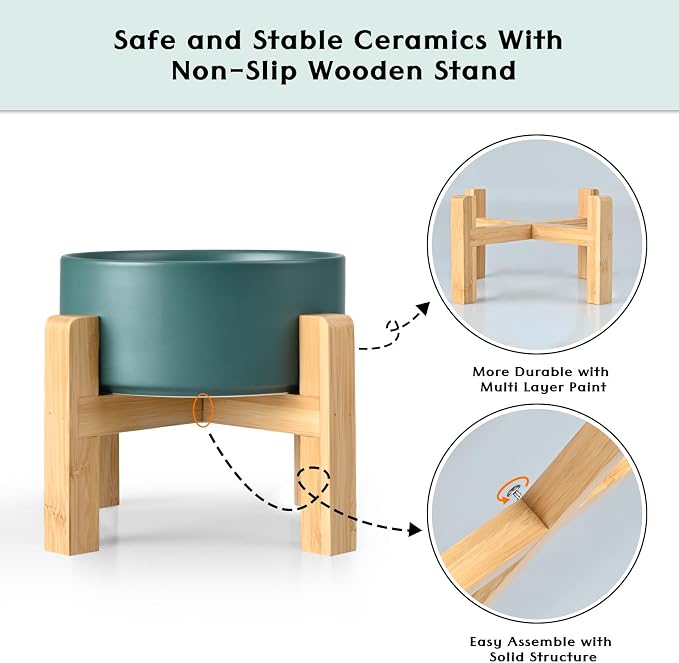 SPUNKYJUNKY Ceramic Elevated Dog Bowls 2 Pack - 8.3inch Raised Dog Bowls with Non-Slip Wooden Stand for Large Dogs Dishwasher Safe(Green,60OZ*2) - Image 4