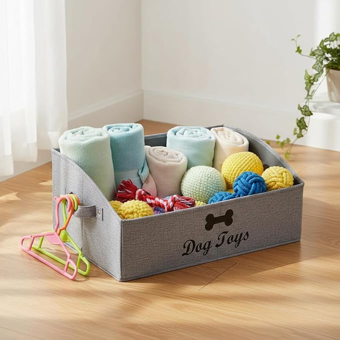 Morezi Linen-cotton blend dog toy basket and dog toy box, dog toy basket storage - Perfect for organizing pet toys, blankets, leashes, chew toys - Snow Grey - Dog - Image 7