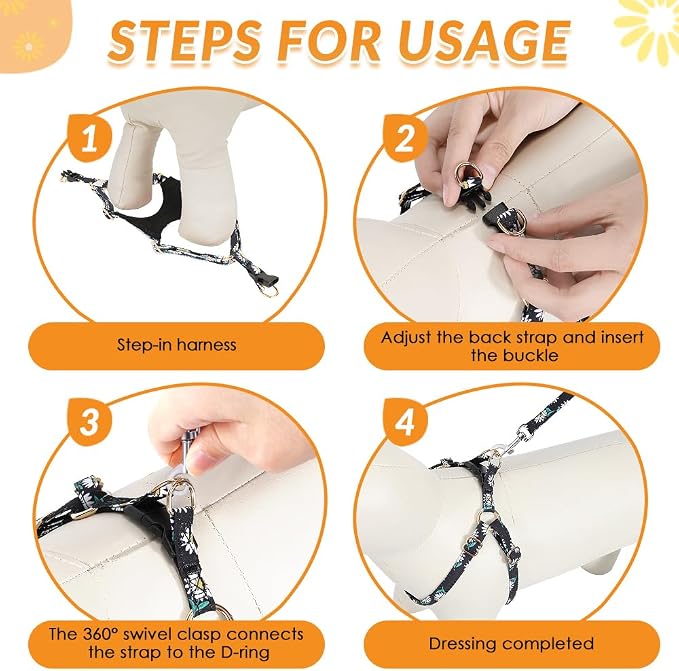 SlowTon No Pull Dog Harness with Leash for Small Medium Dogs, Black S | Floral Pattern, Step-in, Lightweight, Easy Put On and Off, No Choke, Soft Cotton and Suede for Daily Walking - Image 6