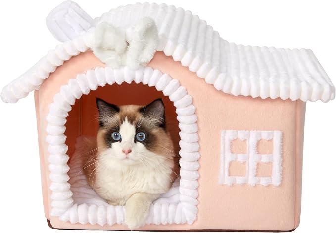 Rabbit Cat Houses for Indoor Cats, Chimney Cute Cat Bed Cave, Enough Interior Space, Cartoon Soft Pet House Up to 3-10 lbs Kitten, Pink by JIUPETY