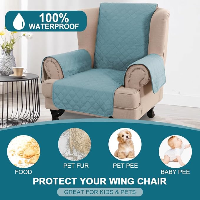 Turquoize 100% Waterproof Wing Chair Cover Wing Armchair Slipcovers Chair Couch Protector Triple Non-Slip Sofa Slipcover Furniture Protector for Pets, Kids,Dog (Wing Chair, Stone Blue) - Image 2