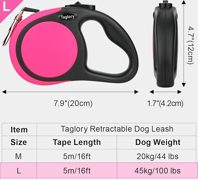 Taglory Retractable Dog Leash, One-Handed Brake, 16ft, Up to 44 lbs, Pink | More Freedom While Staying in Control, Smooth Retraction, Tangle-Free Design, Easy-Grip Handle, Daily Neighborhood Walks - Image 4
