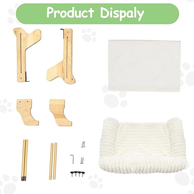 Large Wooden Velvet Cat Window Perch Bed, White | Sturdy Wooden Frame, Removable Machine Washable Cover, Window Sill Hanging, All Seasons Comfort - Image 9