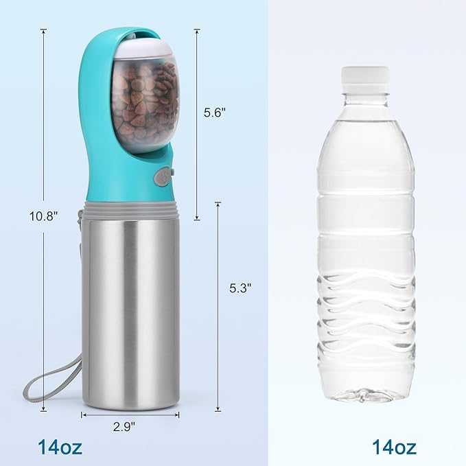 Portable Dog Water Bottle with Food Container, 14 OZ, Stainless Steel | Leak Proof Pet Water Dispenser with Drinking Feeder, Durable, Use for Dog Travel, Walking, Hiking and Outdoor Activities - Image 5