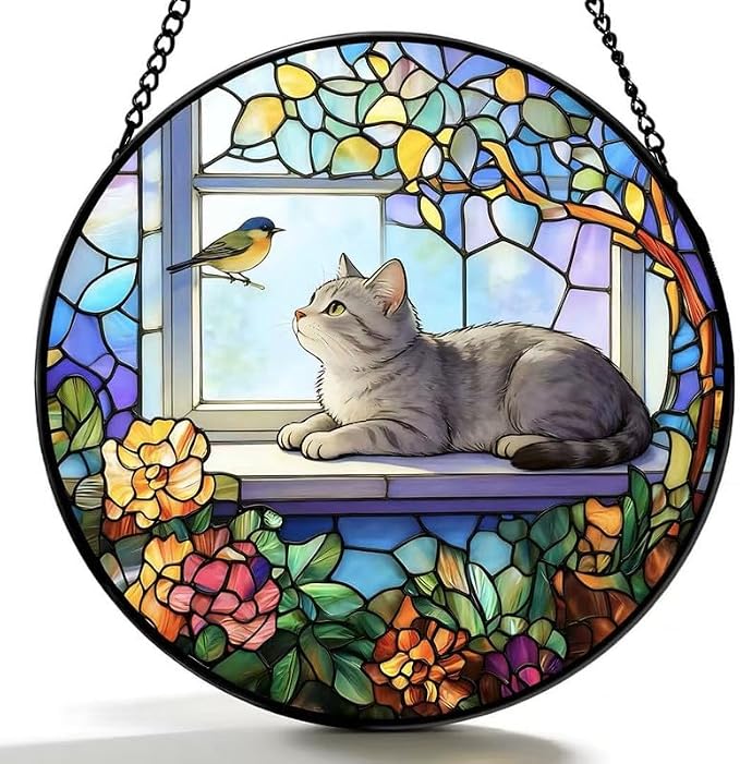 Stained Glass Cat Window Suncatcher, Cat on Windowsill Sun Catcher, Colorful Pet Lover Window Decor Gift by qzmaikoo