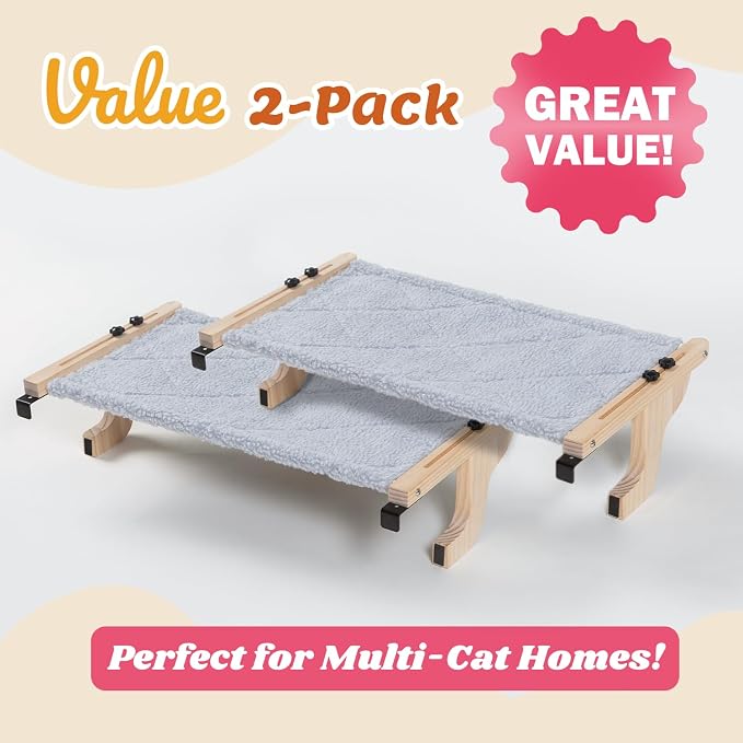 Zakkart 2PC Easy Seat Cat Perch for Window Sill - Hammock Design w/Pine Wood & Robust Metal Frame - Cat Window Seat for Large Cats and Kittens (Natural Color Wood w/Gray Bed, Large (26''W x 14''D) - Image 2