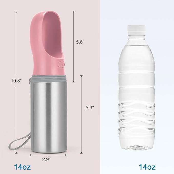 Portable Dog Water Bottle, 14 OZ Stainless Steel Pet Water Dispenser | Leak Proof Pet Water Dispenser with Drinking Feeder, Durable, Use for Dog Travel, Walking, Hiking, and Outdoor Activities - Image 5