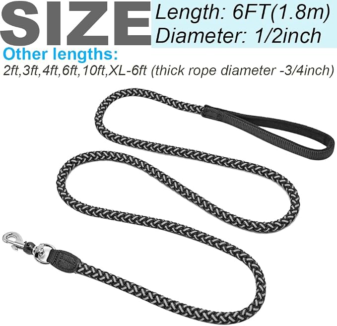 Reflective Dog Leash 2/3/4/6/10ft Braided 1/2" Strong Nylon Rope | 6FT Black Dog Leash for Large Medium Small Dogs Walking Training Leads - Image 7