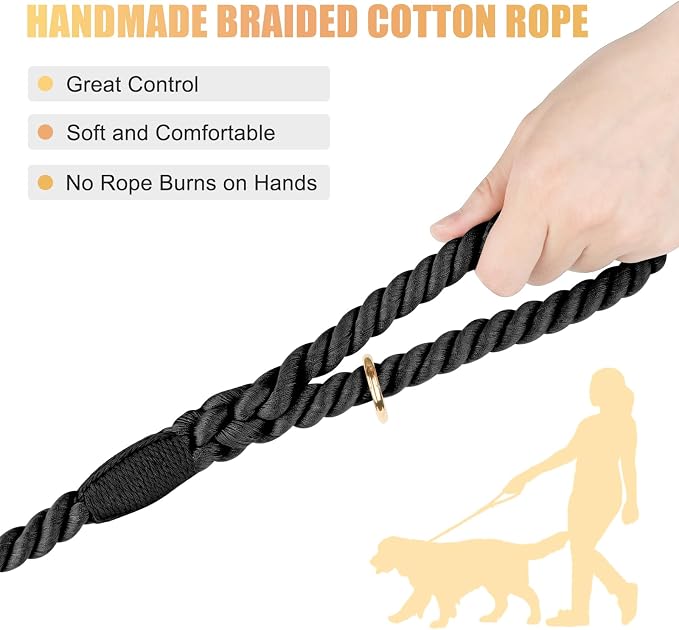 5 FT Handmade Rope Dog Leash for Small Medium and Large Dogs | Soft and Comfortable Grip, New Golden Heavy Duty Metal Clasp, Black - Image 3