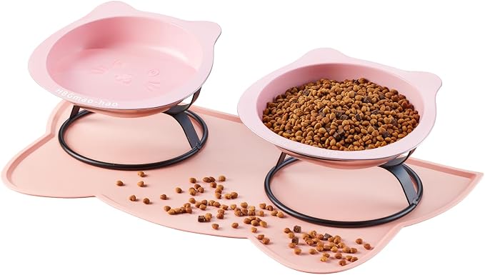 Elevated Cat Bowls with Food Mat & Metal Stand - 7.1" Wide Stainless Steel Whisker Friendly Dishes, 15° Tilt for Cats/Kittens/Small Dogs, Indoor/Outdoor & Travel Use (2-Pack) HBGmao-hao (Pink) by MorePetsCare
