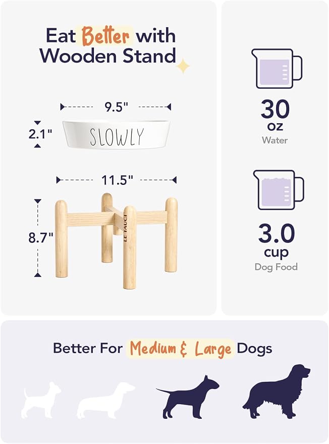 LE TAUCI PET Ceramic Slow Feeder Dog Bowls Elevated, 3 Cups Raised Dog Bowl with Wooden Stand for Medium Large Breed to Slow Down Eating, Puzzle Food Bowl,White - Image 3