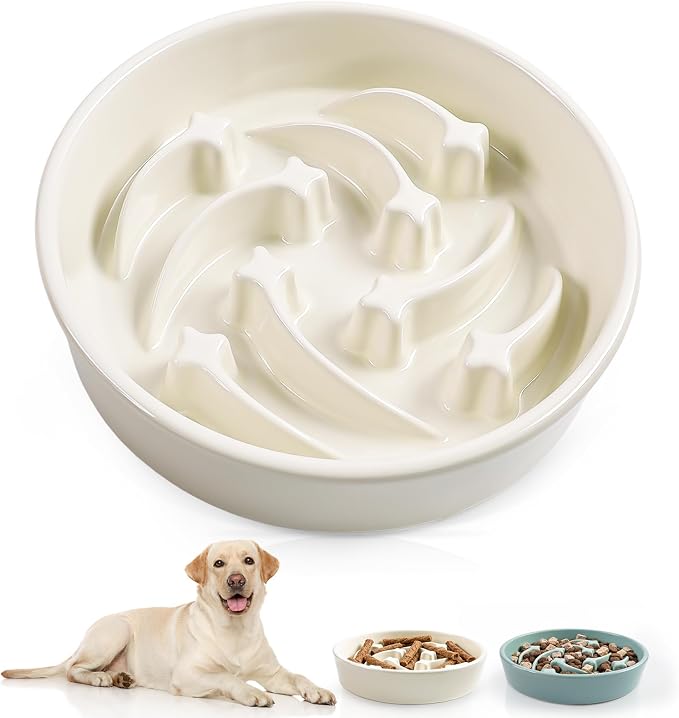 Ceramic Slow Feeder Dog Bowls,1.5 Cups Dog Food Dish for Medium&Large Breed | Puzzle Dog Food Bowl for Fast Eater, 28OZ, 8.15 inch(Beige) by Unknown