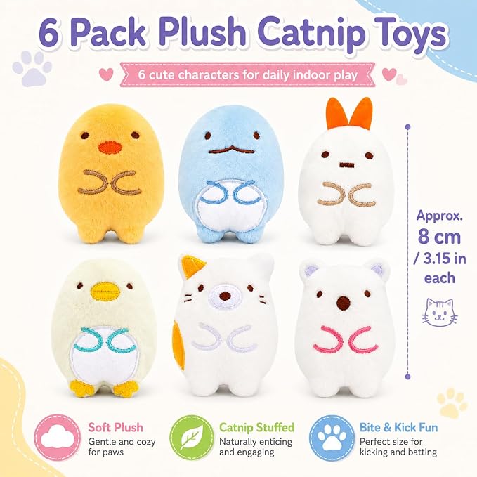 6 Pack Catnip Toys for Cats – Plush Interactive Cat Toys for Indoor Cats & Kittens – Soft Catnip Filled Chew, Kick & Toss Toys – Cute Assorted Plush Characters for Stress Relief & Exercise - Image 2