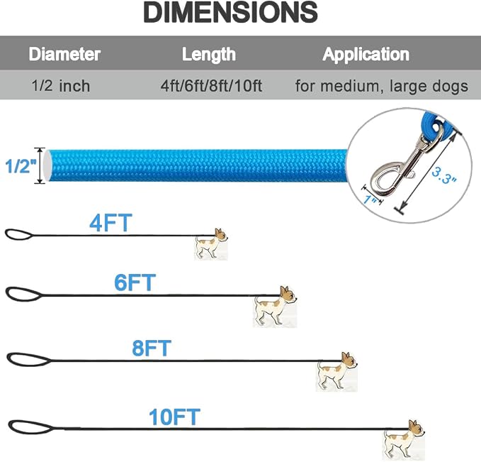 MayPaw 4/6/8/10FT Rope Dog Leash, 6 Classic Solid Colors Strong Nylon Leash | 1/2-Inch Thick Training Leash for Medium Larges Reinforced with Leather Tailor Connection Heavy Duty Silver Clasp (blue 10ft) - Image 4