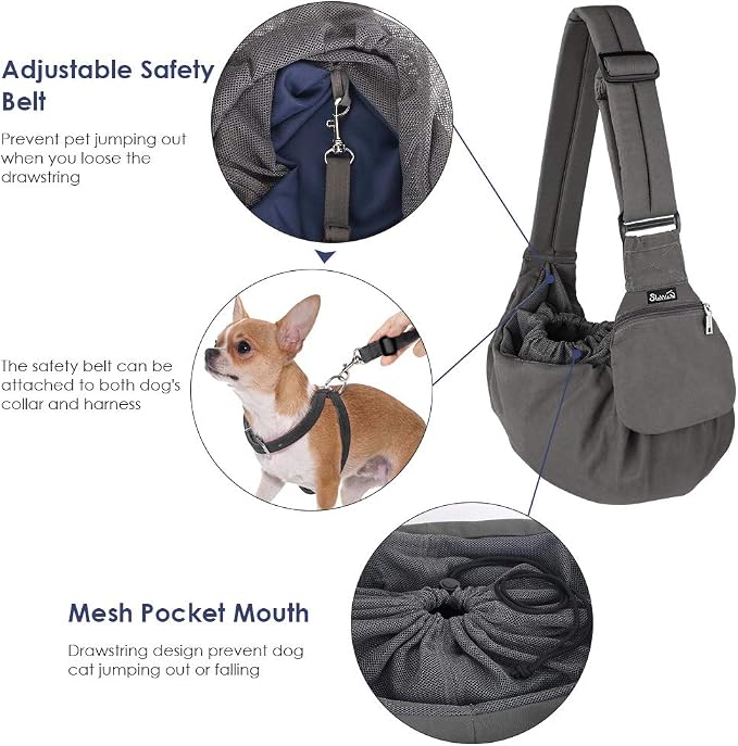 Lukovee Pet Sling, Small Pet Carrier, Hard Bottom Support & Safety Hook | Adjustable Drawstring Opening, Comfortable Padded Shoulder Strap, Zipper Pocket, Dog Slings Purse for Small Dog Cat (Grey) - Image 3