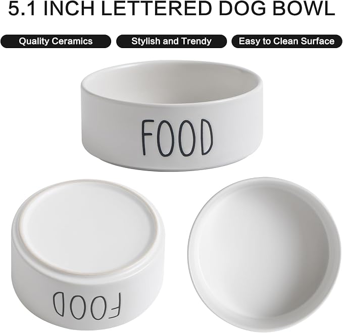 Elevated Ceramic Dog Bowls Set - Food & Water Lettering Raised Dog Bowl with Non-Slip Bamboo Stand for Cats and Small Dogs, Weighted Dogs Dishes Pet Bowls (5.1 inch, 2 * 16oz, White) - Image 2