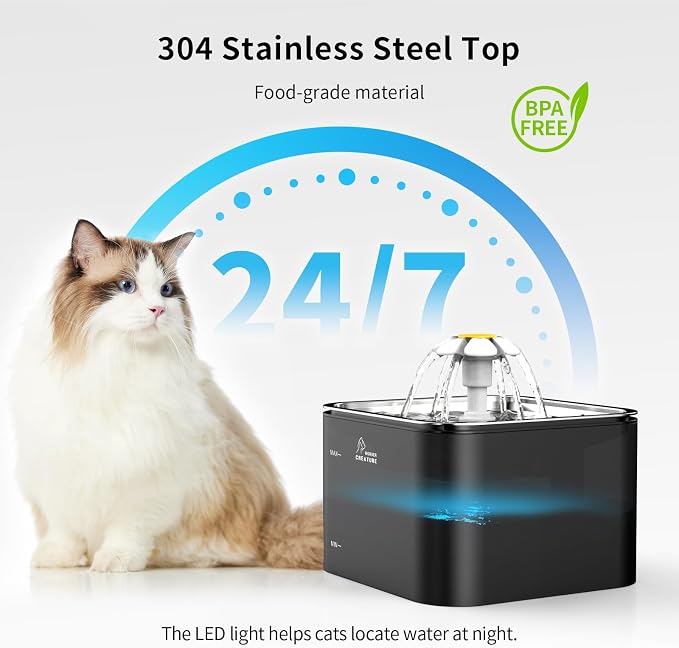 Wonder Creature Crystal Cat Water Fountain Stainless Steel Lid, 101oz/3L | Quiet Pet Fountain with Transparent Base, LED Light, Triple Filtration, 3 Flow Modes for Cats and Dogs, 4 Filters & 4 Sponges - Image 2