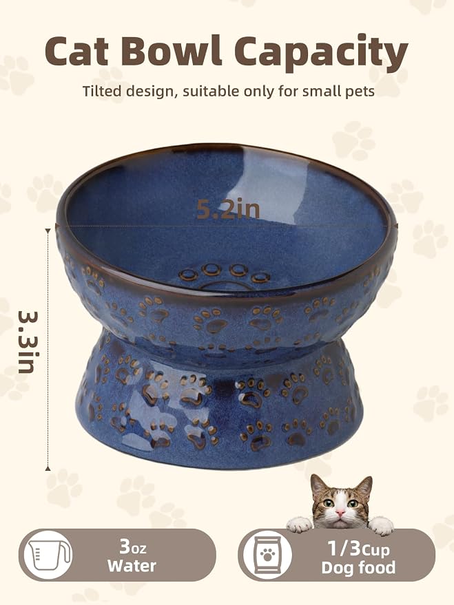 Ceramic Tilted Elevated Small Cat Bowl, for Fat Faced Cat, Kitten, Blue | 15° Tilted Elevated Design,5oz Small Meal Capacity,Chin-Friendly Ceramic,Paw Print - Image 2