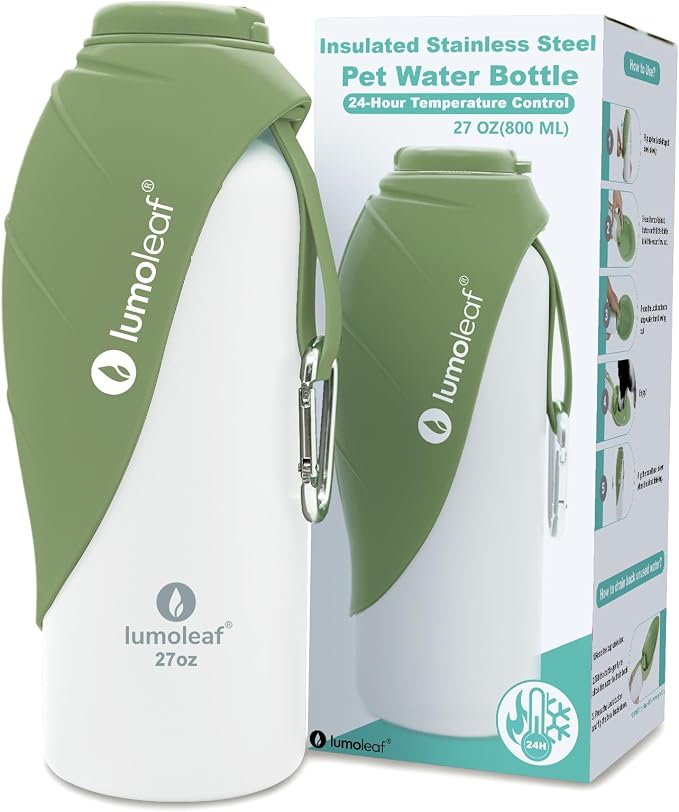 LumoLeaf Insulated Dog Water Bottle 27 oz Stainless Steel - Keep Water Cool or Warm, Portable Pet Water Bowl for Travel, Wide Mouth for Easy Ice Filling & Cleaning (Green, 27 oz) by LumoLeaf