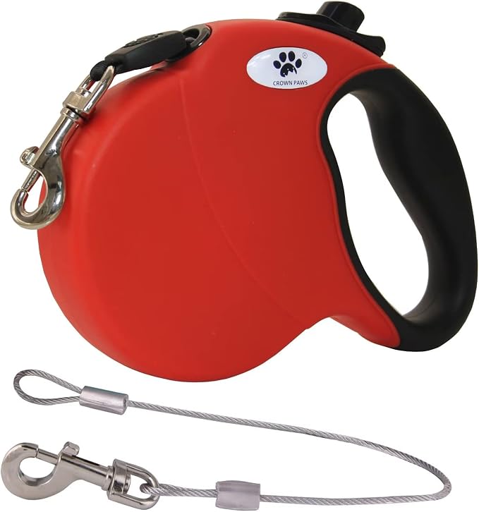 16ft Retractable Dog Leash for Medium Breed Dogs up to 44 lbs with a Detachable Chew Proof Extender Wire Ropes (RED M) by CROWN+PAWS