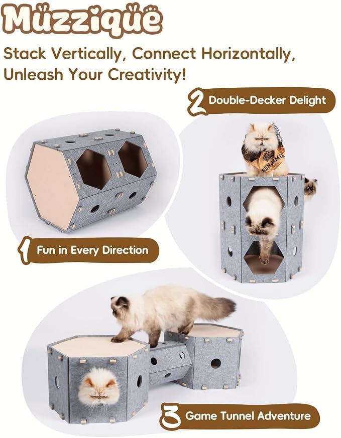 Thickened Felt Cat House, with Hair Brush, Large Cat Castle, Cat Tunnel Bed | Indoor Cats DIY Connectable Expandable Modular Pet Condo, Kitten Hideaway Play Cave, Enclosed Sturdy Multi Rabbit/Puppy Cube - Image 2