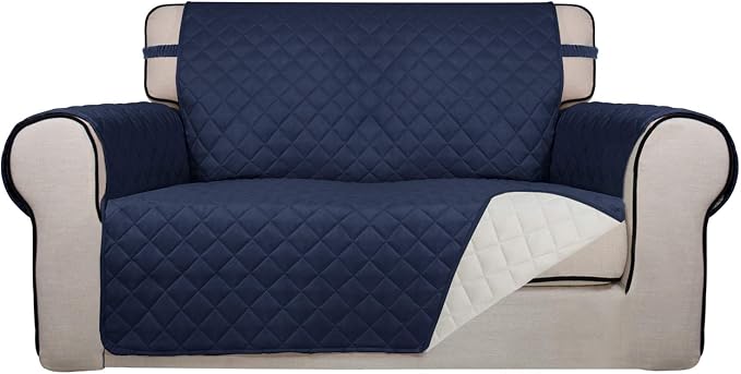 PureFit Reversible Quilted Sofa Cover, Water Resistant Medium Slipcover Furniture Protector, Washable Couch Cover with Non Slip Foam and Elastic Straps for Kids, Dogs, Pets (Loveseat, Navy/Ivory) | Navy/Ivory, Water Resistant Couch Protector, Washable ... by PureFit