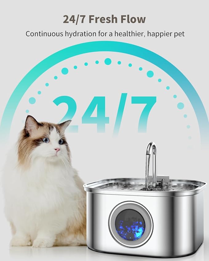 Stainless Steel Cat Water Fountain - 3.2L/108oz Cat Drinking Fountain | Quiet Cat Fountain for Indoor Cats and Small Dogs, Automatic Pet Water Dispenser Keeps Fresh Water - Image 7