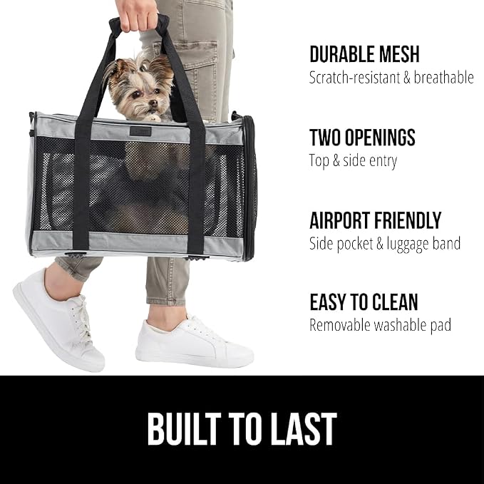 GORILLA GRIP Cat Carrier Travel Bag Up to 15 Lbs, Soft Collapsible Small Dog Carriers, Top and Side Entry Breathable Mesh, Grip Feet on Underside, Cozy Washable Waterproof Pad, Portable Kennel, Gray - Image 2