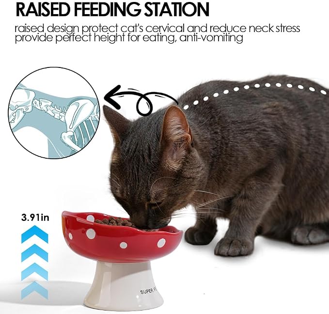 Black Mushroom Cat Bowl, Elevated Ceramic Bowl for Cats | Elevated, Ceramic, Whisker Friendly, Anti Vomitin,Cute Mushroom Design - Image 5