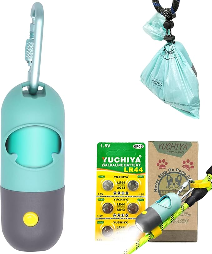 YUCHIYA Dog Poop Bags Holder with LED Flashlight, 15 Crystal Blue Bags, 3 Accessories, 3 LR44 Batteries Included by YUCHIYA