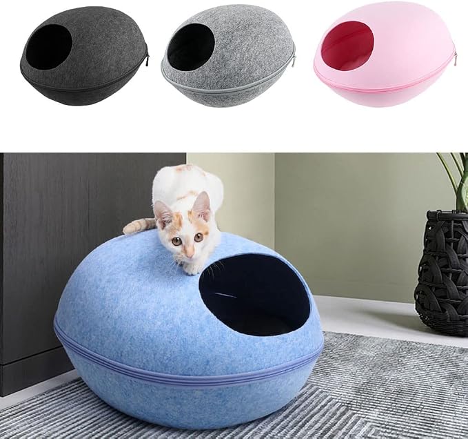 Felt Cat Cave Bed with Removable Cover, Cozy Pet Shelter for Indoor Cats, Zippered Washable Cat House with Roomy Interior (Light Gray, for Cats Under 15 lbs, Eggshell Dome Cat Bed) by YolieraArt