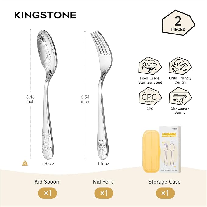 KINGSTONE 2 Pcs Kids Silverware with Case, Stainless Steel, Honey Bear | Large 18/10 Stainless Steel Fork & Spoon, Ergonomic, Lightweight, Self-Feeding Children Flatware for Travel & Home - Image 2
