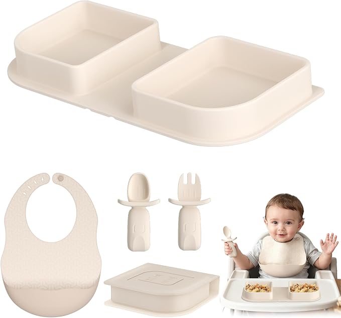 Beige Travel Silicone Foldable Feeding Set, On-the-Go Baby Feeding Supplies Including Toddler Plates, Silicone Baby Spoon&Fork, Adjustable Foldable Bib, Portable Infant Toddler Utensils by Cathill