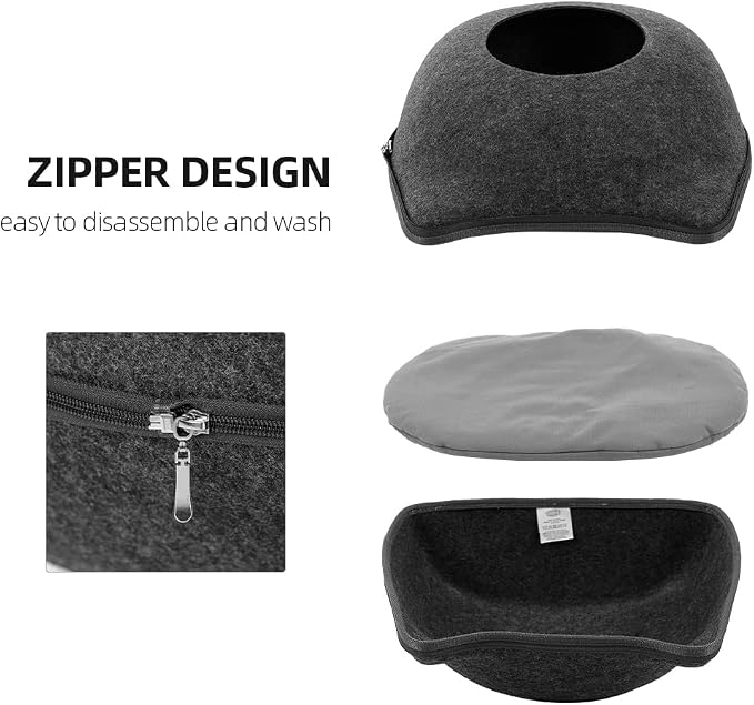 Felt Cat Cave Bed with Removable Cover, Cozy Pet Shelter for Indoor Cats, Zippered Washable Cat House with Roomy Interior (Dark Gray, for Cats Under 15 lbs, Cat Ear Style) - Image 5