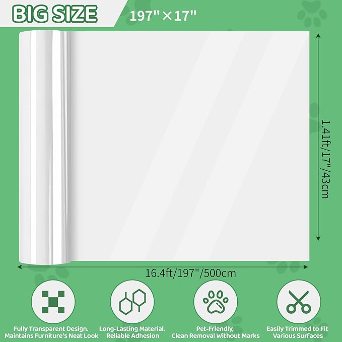 Cat and Dog Scratch Furniture Protector, 197" x 17" Transparent Self-Adhesive Cat Scratch Protector, Couch Corner Door Wall Bed Anti-Scratch Guard with Scraper - Image 2