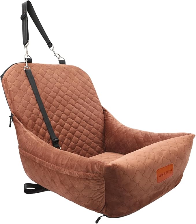 Wooaidagg Dog Car Seat for Small Dogs,Covered Soft Fabric and Fill in Memory Foam,Easy to Assemble and Fully Detachable,2 Clip-On Safety Leashes and Storage Pockets(Brown) by WOOAIDAGG