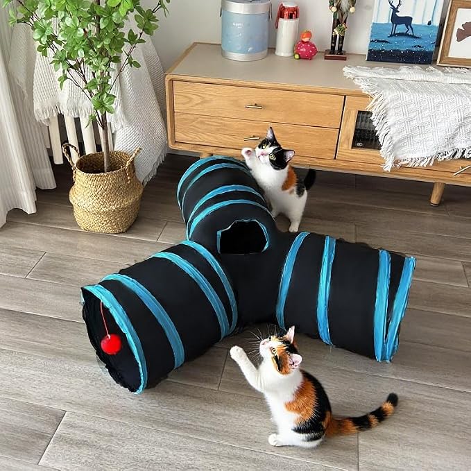 3-Way Collapsible Cat Tunnel Tube Toy Black Blue | Interactive Tunnel with Hanging Ball & Peek Hole for Indoor Cats, Kittens, Puppies, Rabbits | Hours of Fun & Exercise - Image 4