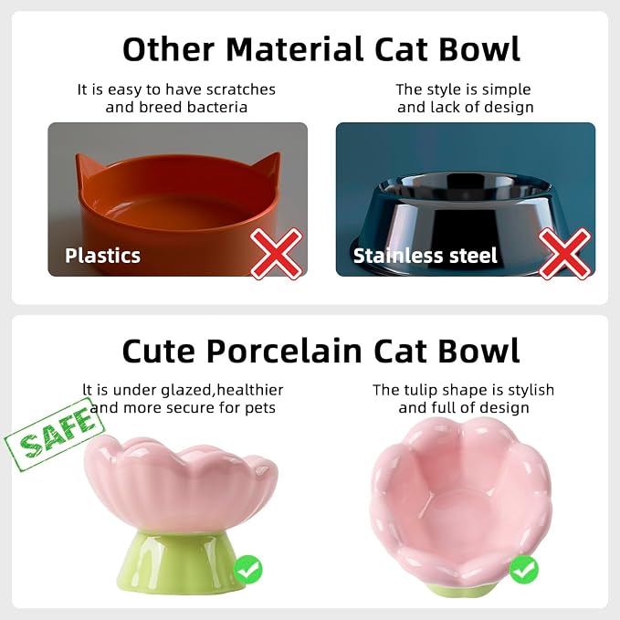 DIF DECO Ceramic Raised Cat Bowl, Pink Elevated Food Bowls for Food and Water Protecting Spine and Whisker Friendly, Tulip Shape Cute Pet Feeder Dish for Indoor Cats and Small Dogs (Height 4.1 inch) - Image 6