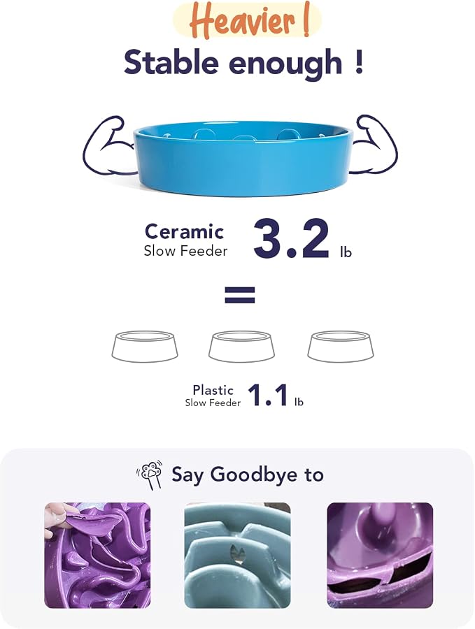 LE TAUCI Ceramic Slow Feeder Dog Bowls for Small and Medium Breed, 1.5 Cups Elevated Dog Bowl for Fast Eaters, Puzzle Bowl for Small Dogs and Cats, Vortex Blue - Image 3