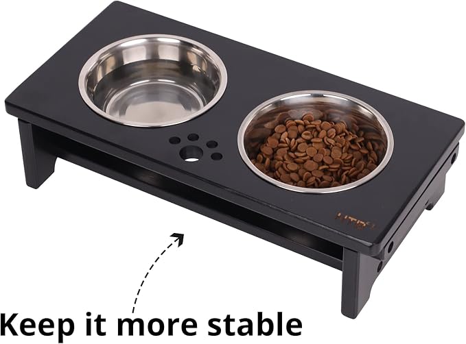 HTB Elevated Dog Bowl Stand with 2 Stainless Steel Bowls-4" H Small Black | Raised Dog Bowl Stand, 4"tall, 21 Oz Bowls, for Small Sized Dogs, Pet-safe, Solid Bamboo - Image 4