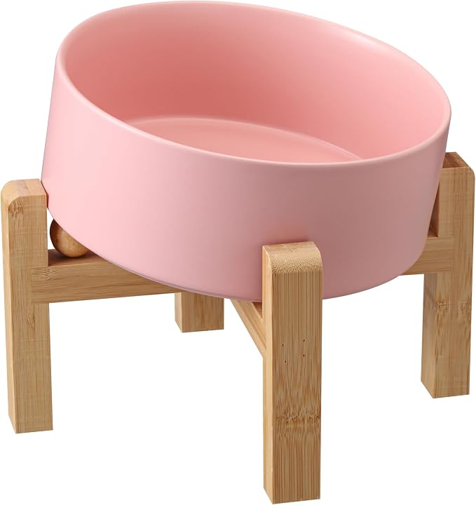 Pink Elevated/Raised 15°Tilted Anti Slip Ceramic Dog Bowl for Small/Medium Breeds,Slanted Bulldog Big Face Pet Food Water Feeding Dish with Stand for Cats and Dogs (3.6 Cups/28 OZ) by DJJJOOYSCeramicDogBowl